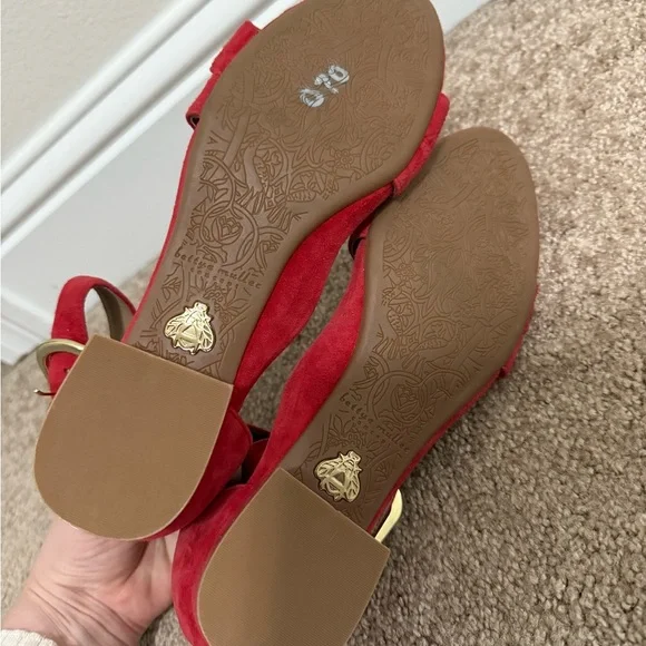 Bettye Muller Red Suede Sandals | Block Heel w/ Double Buckle & Zip | 1.5” Heel - Picture 2 of 9